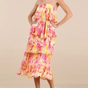 Lulu's Strapless Floral Dress - Pink and Yellow